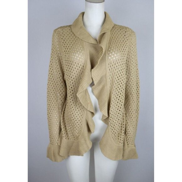 Women's Beige Open Swing Cardigan Sweater - Ruffle - Size M - Picture 1 of 5